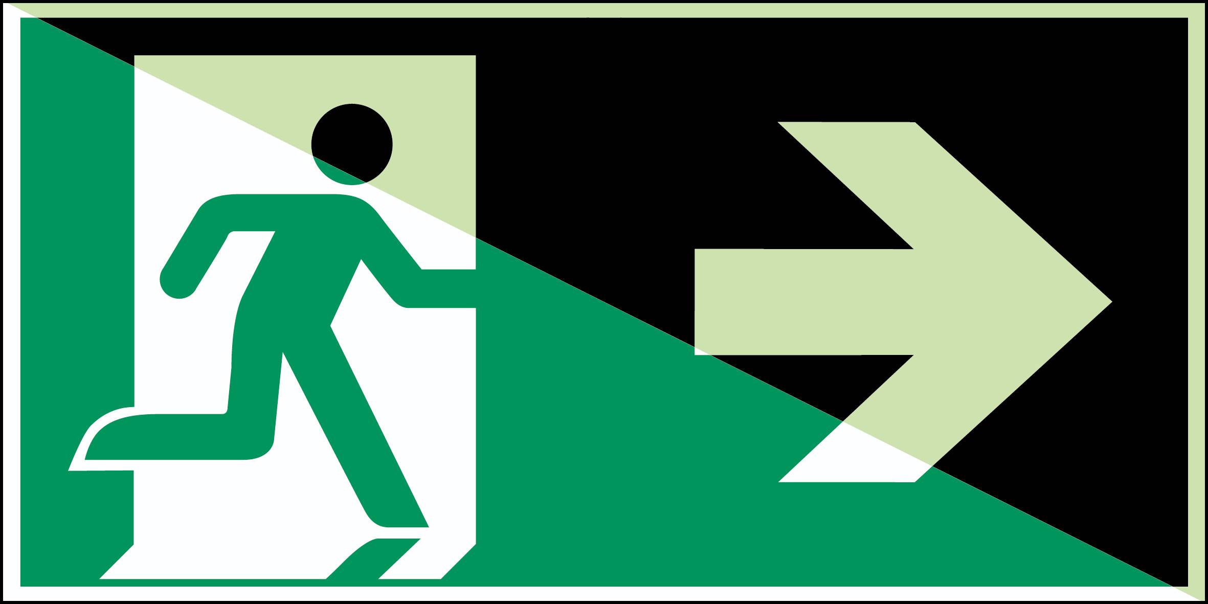 ISO 7010(EMEA) E002/A90 Notausgang rechts, Pfeil; Polyester-Folie langnachleuchtend; selbstkleb. 300 x 150 mm; 1 Schild-0