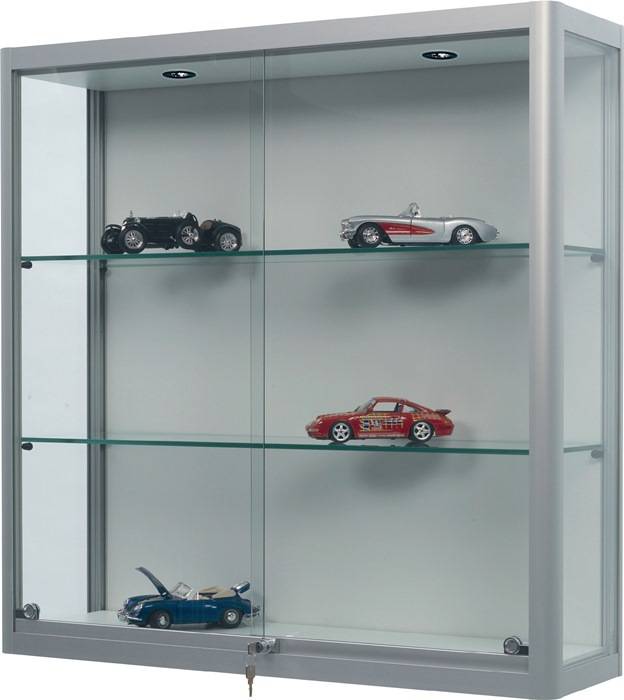 Wandvitrine H1000xB1000xT300mm Schiebetür NV-Beleuchtung Alu-silberfarbig WSM-0
