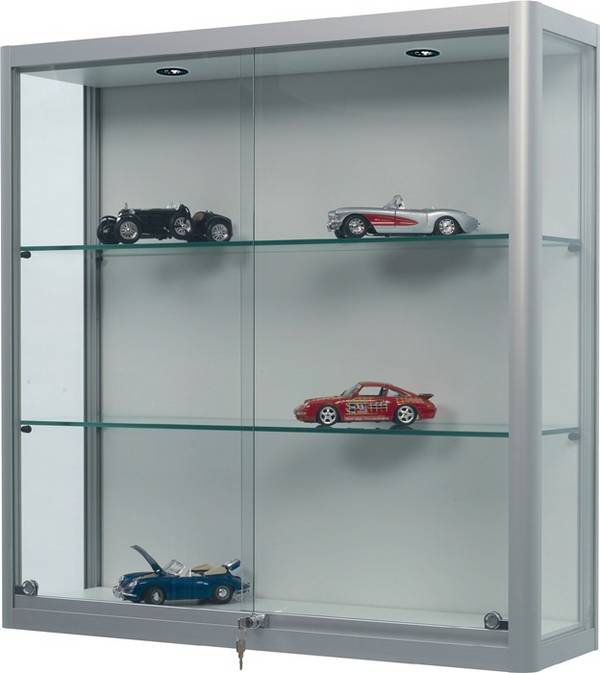 Wandvitrine H1000xB1000xT300mm Schiebetür NV-Beleuchtung Alu-silberfarbig WSM