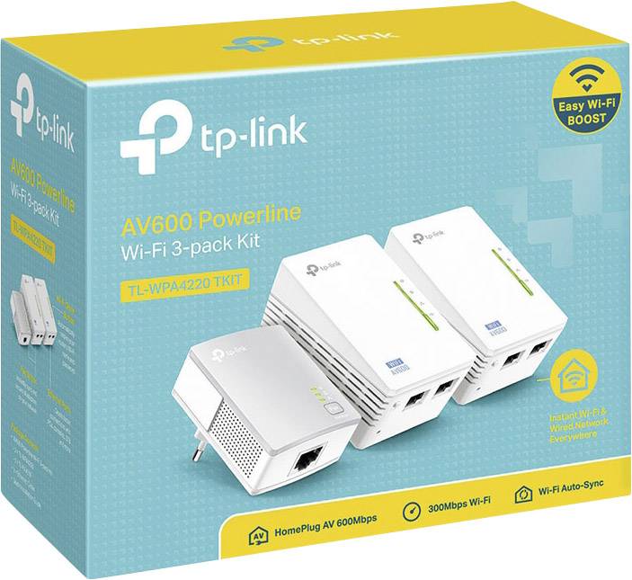 Produktverpackung des 'TP-Link AV600 Powerline Wi-Fi 3-Pack Kit', zeigt drei Adapter mit Ethernet-Ports, geeignet für Heimnetzwerke.