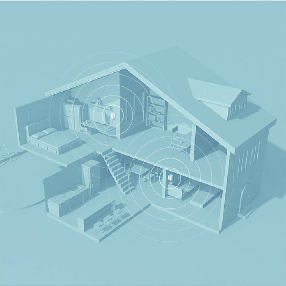 Ein transparentes Hausmodell zeigt WLAN-Signale, die verschiedene Räume, einschließlich Küche und Schlafzimmer, abdecken.