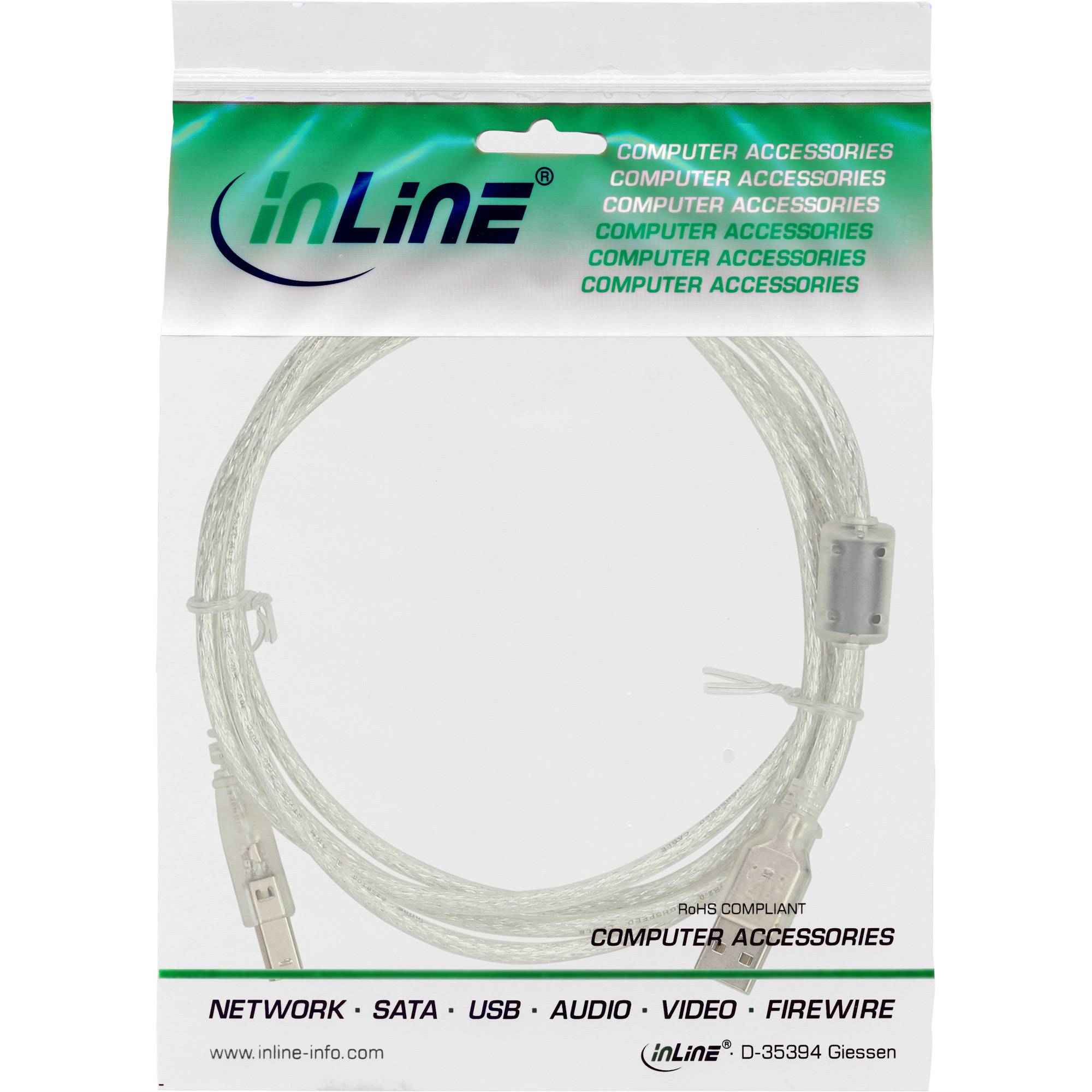 InLine® USB 2.0 Kabel, A an B, transparent, mit Ferritkern, 0,3m-1