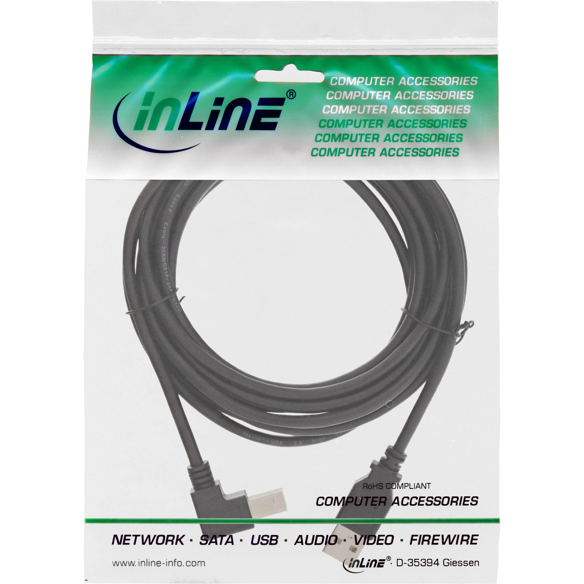 InLine® USB 2.0 Kabel USB-A auf USB-B, unten abgewinkelt, schwarz, 1m-1
