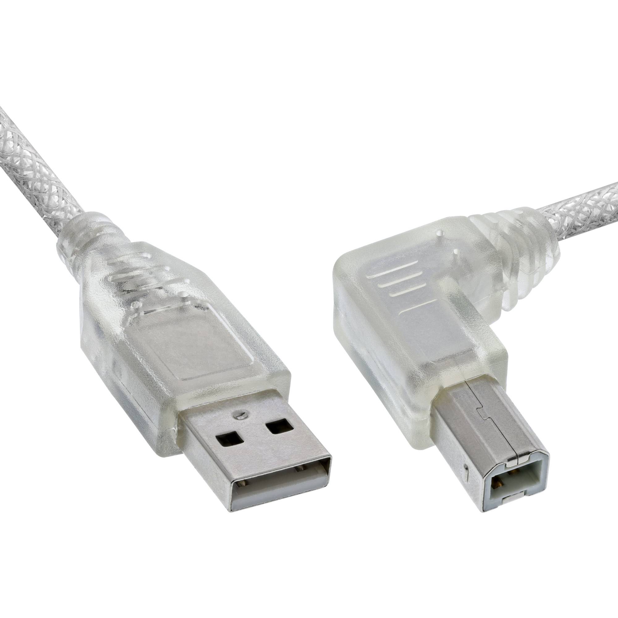 InLine® USB 2.0 Kabel, A an B, rechts abgewinkelt, transparent, 0,3m-0