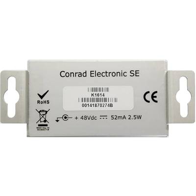 Ein rechteckiges elektronisches Bauteil mit der Beschriftung 'Conrad Electronic SE', Spannung '+48Vdc', und '52mA 2.5W'.
