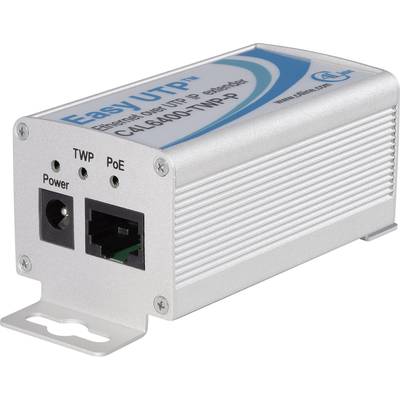 'EasyUTP'-Gerät für Ethernet-Übertragung. Zeigt PoE- und TWP-Anschlüsse an der Vorderseite. Kompakte, silberne Metallhülle.
