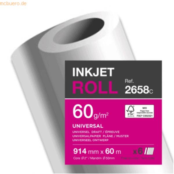 Inkjetpapier-Rolle 914mm x 60m 60g/qm weiß