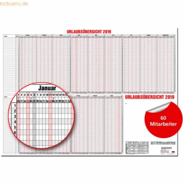 Urlaubsübersicht 120x80cm für 60 Mitarbeiter abwischbar 2027