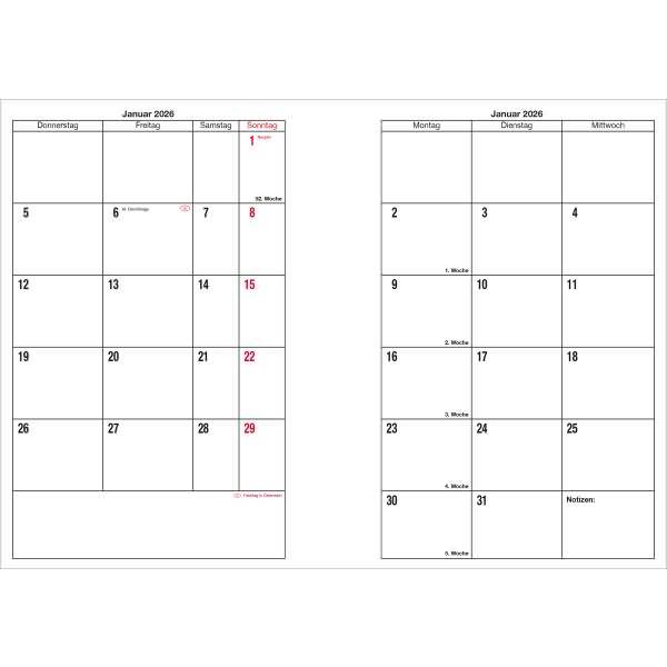 Taschenkalender 9x15cm 1 Monat/2 Seiten schwarz 2027-1