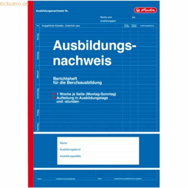 HERLITZ - Ausbildungsnachweis wöchentliche/monatliche Eintragungen Formularbuch 1 St.
