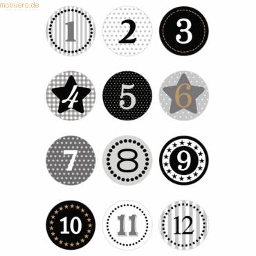 Schmucketikett Decor Adventskalender 1-24 Schwarz Goldprägung 2 Blatt-1