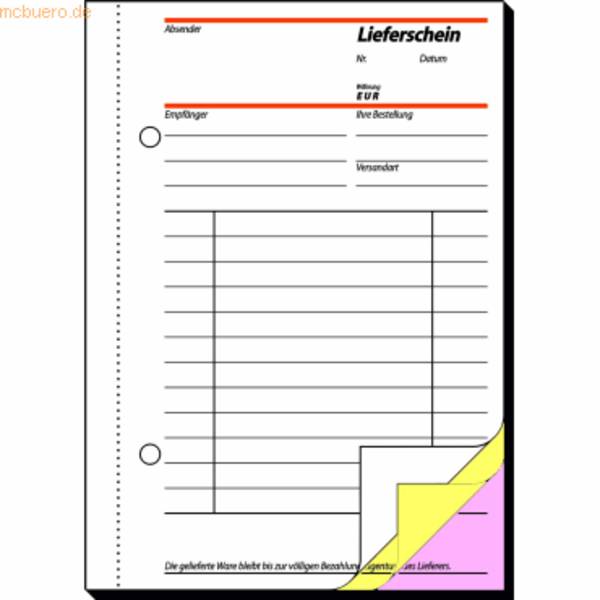 Lieferschein A6 hoch mit Empfangsschein selbstdurchschreibend 3x40 Blatt