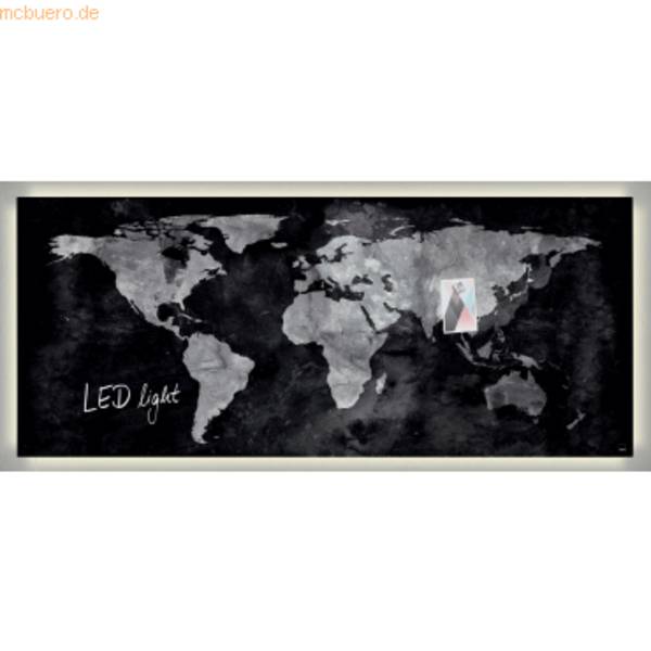 Glasmagnetboard artverum LED light Design World-Map 1300x550x15mm