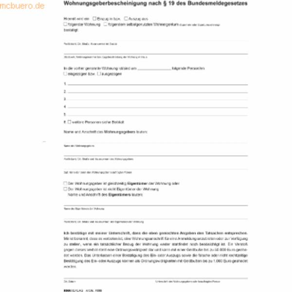 RNK Verlag Vordruck "Wohnungsgeberbescheinigung", DIN A4