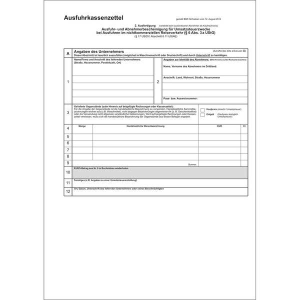 Ausfuhrkassenzettel / Abnehmerbescheinigung Umsatzsteuer - SD 1x3 Blatt DIN A4.-1