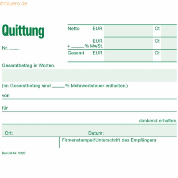 RNK - Quittung mit MwSt. separat ausgewiesen fortlaufenden Nummern Formularbuch - A6