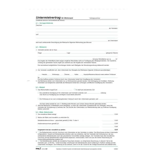 Untermietvertrag für Wohnräume SD 2x2 Blatt A4-1