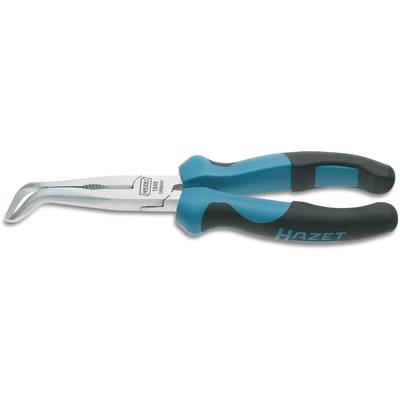 Eine blaue und schwarze Zange mit der Aufschrift 'Hazet' auf dem Griff, spezialisiert für präzise Arbeiten mit schmalen, gekrümmten Backen.