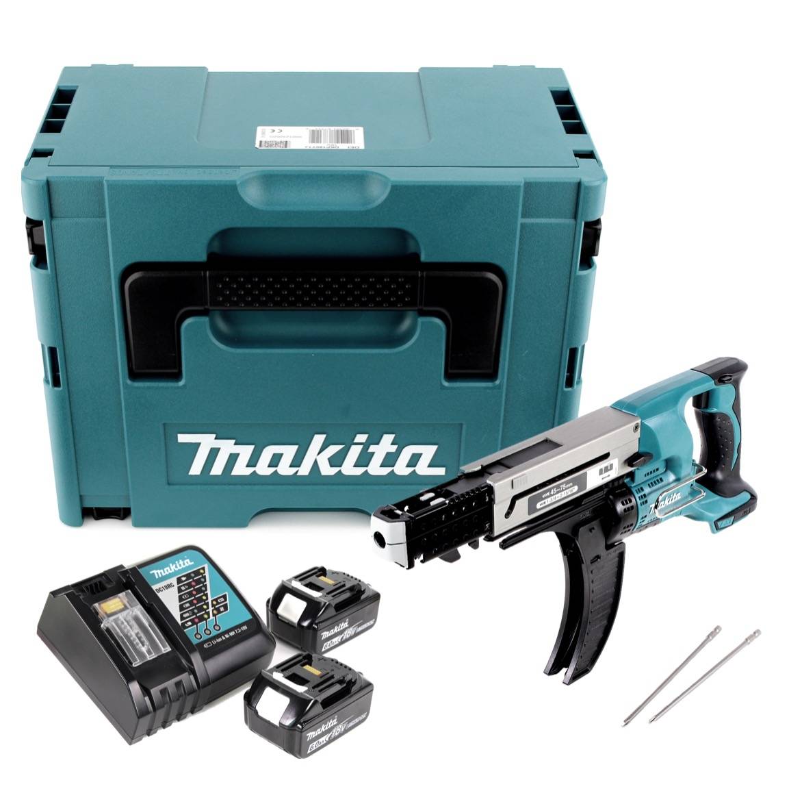 Makita DFR 750 RGJ Akku Magazinschrauber 18V 45-75mm + 2x Akku 6,0Ah + Ladegerät + Makpac-1
