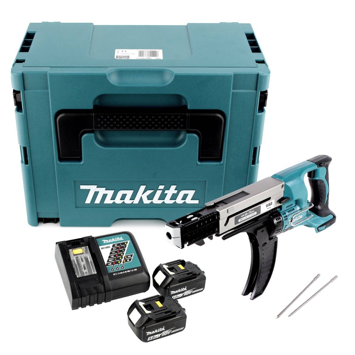 Makita DFR 750 RTJ Akku Magazinschrauber 18V 45-75mm + 2x Akku 5,0Ah + Ladegerät + Makpac-1