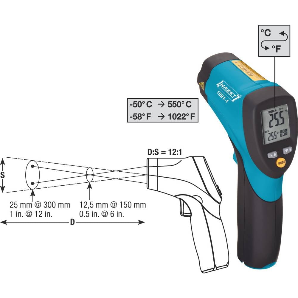 Hazet Infrarood-thermometer Optiek (thermometer) 12:1 -50 tot 550 °C