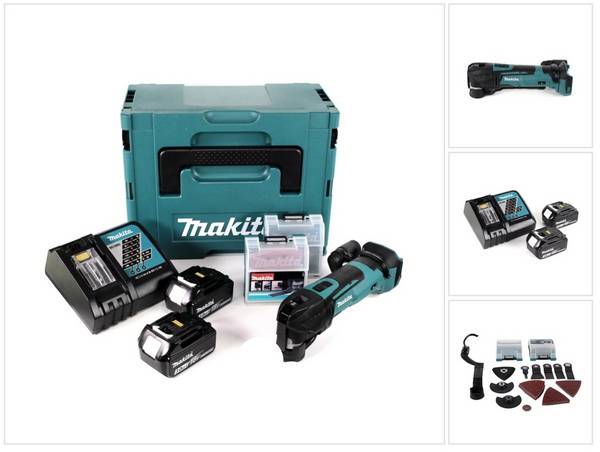 Makita DTM 51 RFJX2 Akku Multifunktionswerkzeug 18 V + 2x Akku 3,0 Ah + Ladegerät + 39 tlg. Zubehör Set + Makpac