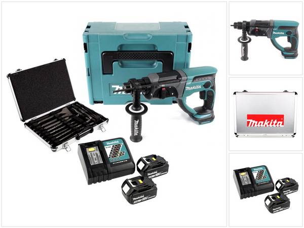 Makita DHR 202 RTJ 18 V Akku Kombihammer SDS-Plus im Makpac + 2x 5,0 Ah Akku + DC18RC Ladegerät + D-42444 SDS-Plus Bohre