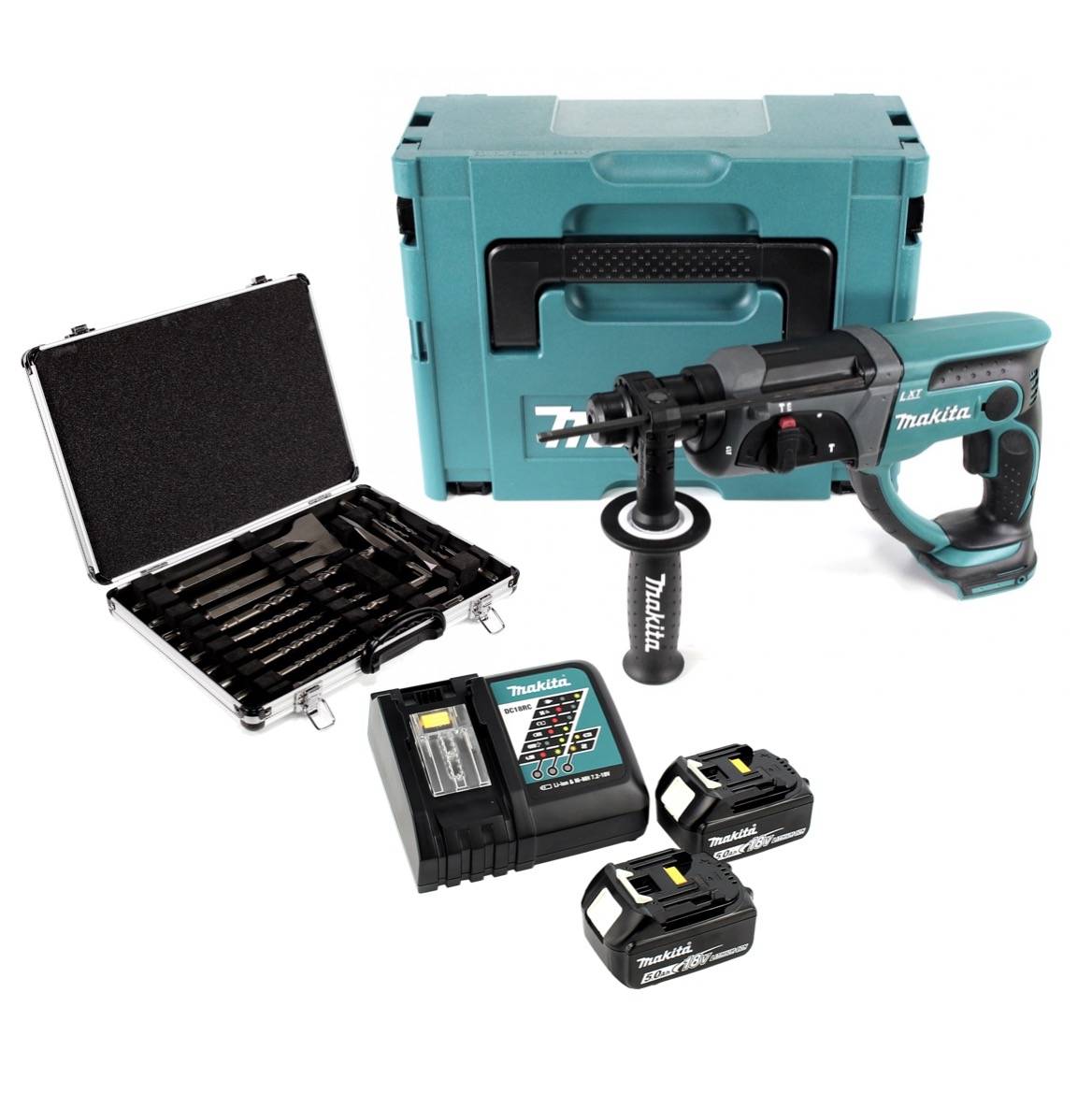 Makita DHR 202 RTJ 18 V Akku Kombihammer SDS-Plus im Makpac + 2x 5,0 Ah Akku + DC18RC Ladegerät + D-42444 SDS-Plus Bohre-1