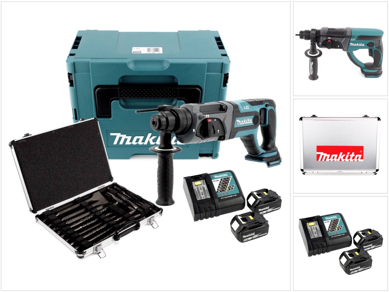 Makita DHR 241 RTJ Akku Bohrhammer 18 V Li-Ion mit SDS-Plus Aufnahme im Makpac + 2x BL 1850 B 5,0 Ah Akku + DC 18 RC Sch-0