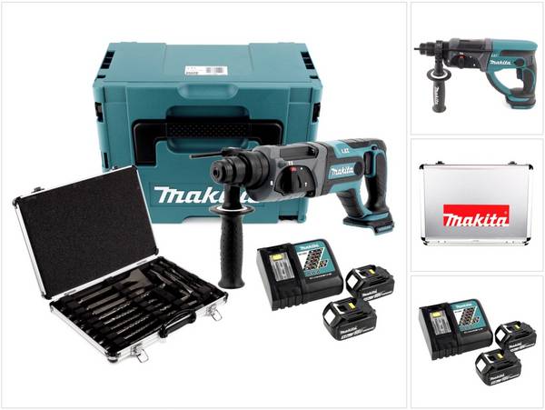 Makita DHR 241 RTJ Akku Bohrhammer 18 V Li-Ion mit SDS-Plus Aufnahme im Makpac + 2x BL 1850 B 5,0 Ah Akku + DC 18 RC Sch