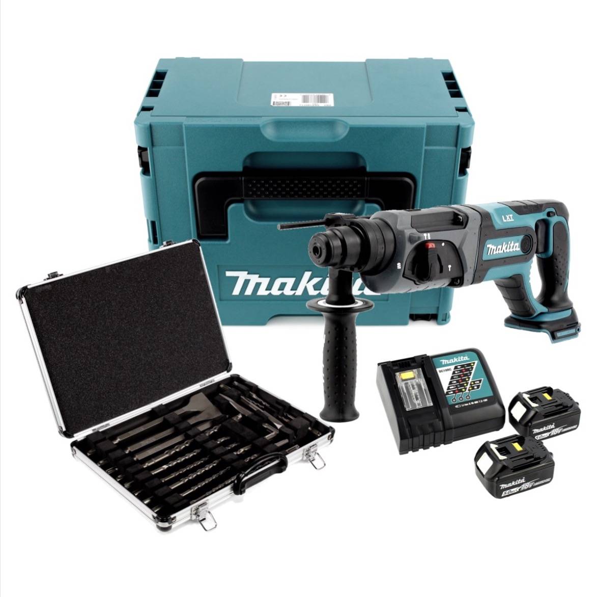 Makita DHR 241 RTJ Akku Bohrhammer 18 V Li-Ion mit SDS-Plus Aufnahme im Makpac + 2x BL 1850 B 5,0 Ah Akku + DC 18 RC Sch-1