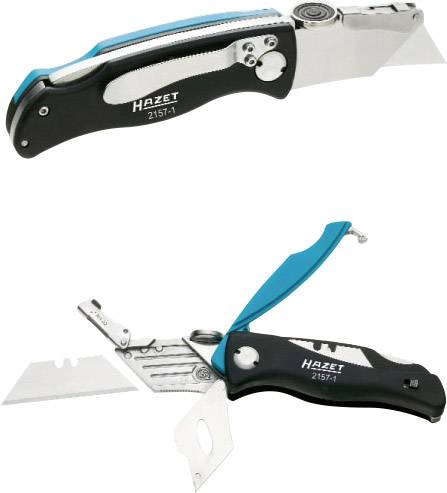Ein klappbares Universalmesser mit schwarzem Griff, silberner Klinge und blauem Detail, Marke 'Hazet', Modell '2157-1'.