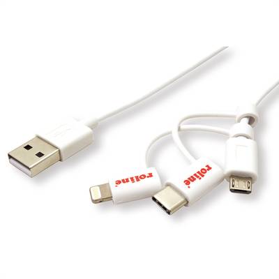 ROLINE USB 2.0 Sync- & Ladekabel Typ A - Typ C / 8-Pin / USB MicroB, weiß, 1 m