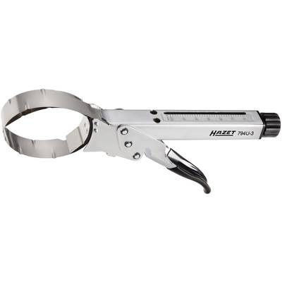 Ölfilterzange aus Metall mit einstellbarer Spannweite, verwendet zum Lösen und Festziehen von Ölfiltern in Fahrzeugmotoren.