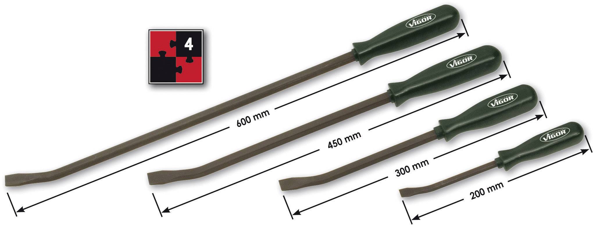 Vier grüne Stemmwerkzeuge mit unterschiedlichen Längen: 600 mm, 450 mm, 300 mm und 200 mm. Emblem mit Puzzleteil und Zahl 4.
