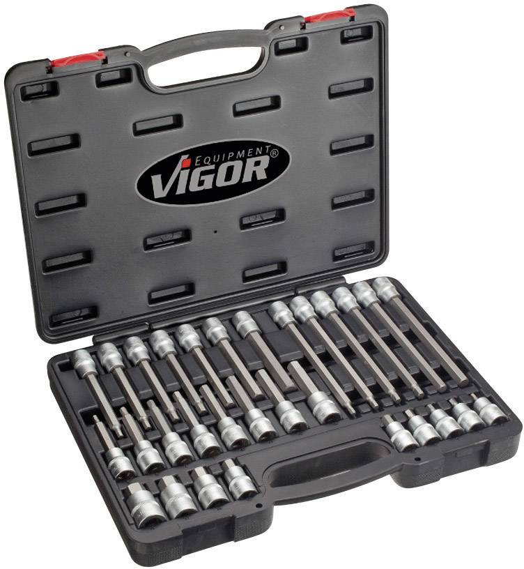 Ein schwarzer Kunststoffkoffer mit dem Logo 'Vigor' enthält verzinkte Steckschlüsseleinsätze in verschiedenen Größen, ordentlich angeordnet.