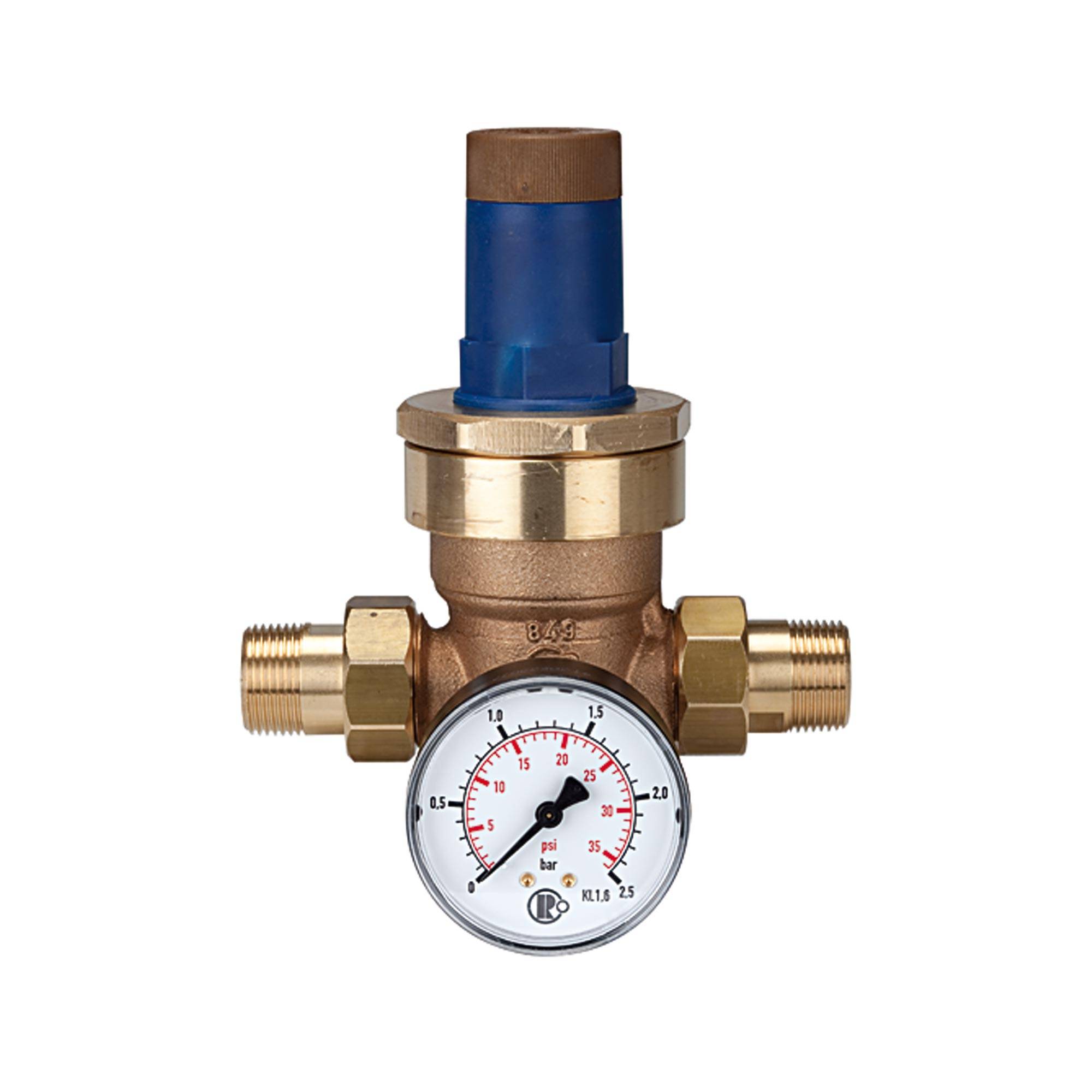 RIEGLER Druckregler für Wasser, inkl. Manometer, R 1, Regelbereich 0,2 - 2 bar, PE max. 16 bar, Vordruck min. 1,2 bar.-0