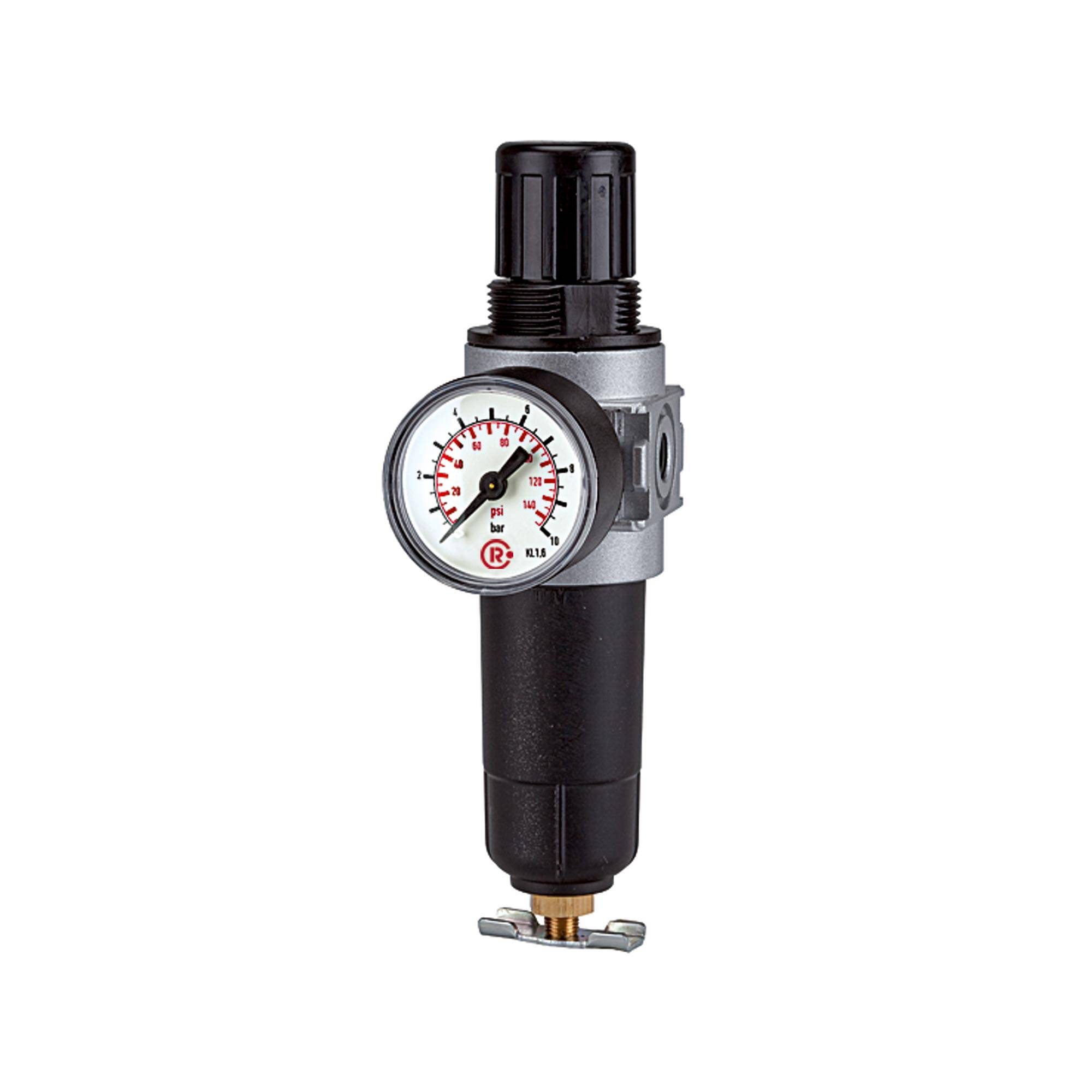 RIEGLER Filterregler »multifix-mini« mit Metallbehälter u. Mano., 5 µm, BG 0, G 1/4, PE max. 16 bar, Regelbereich 0,5 --0
