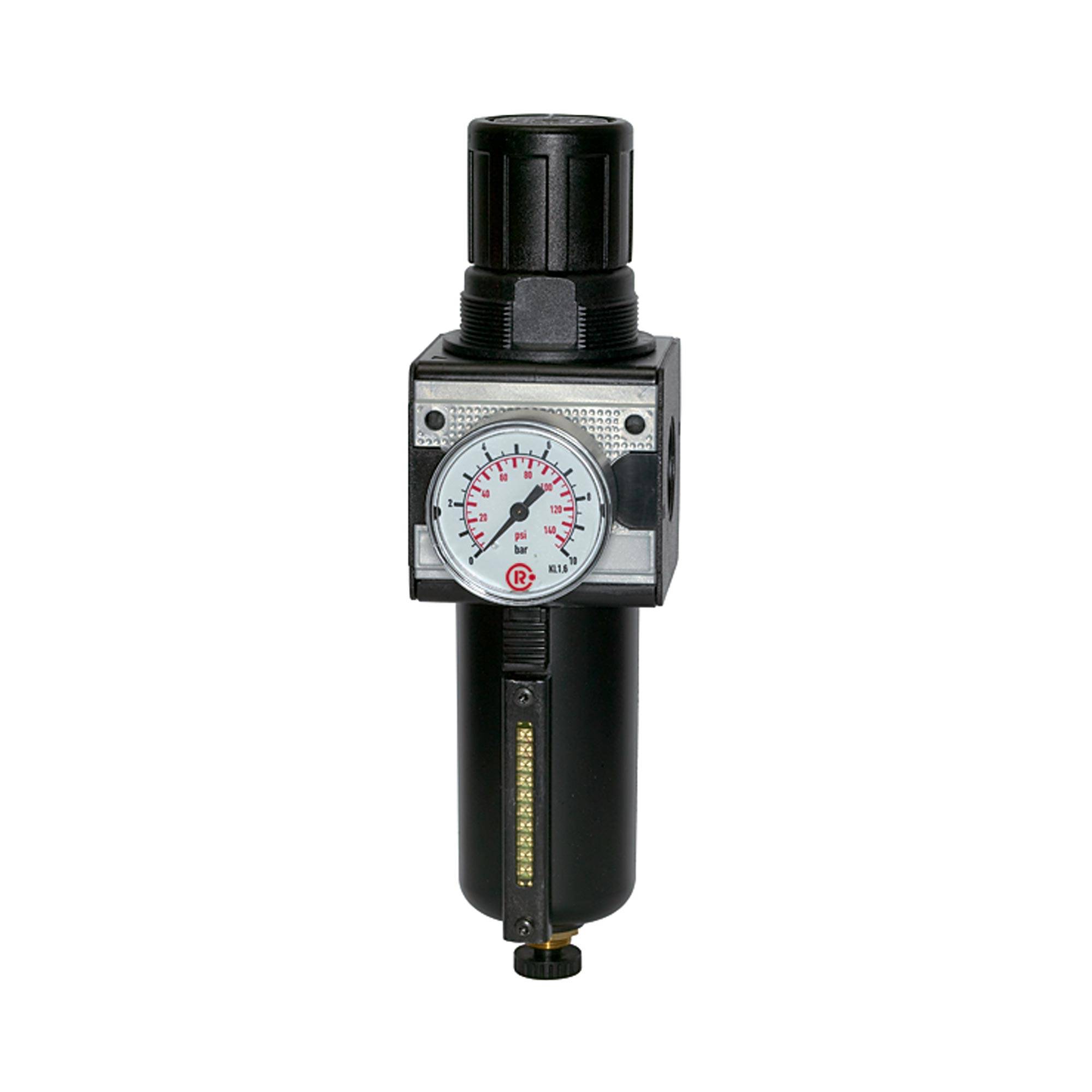 RIEGLER Filterregler »multifix« mit Metallbehälter, Sichtrohr u. Mano., 5 µm, BG 1, G 1/4, PE max. 20 bar, Regelber. 0,5-0