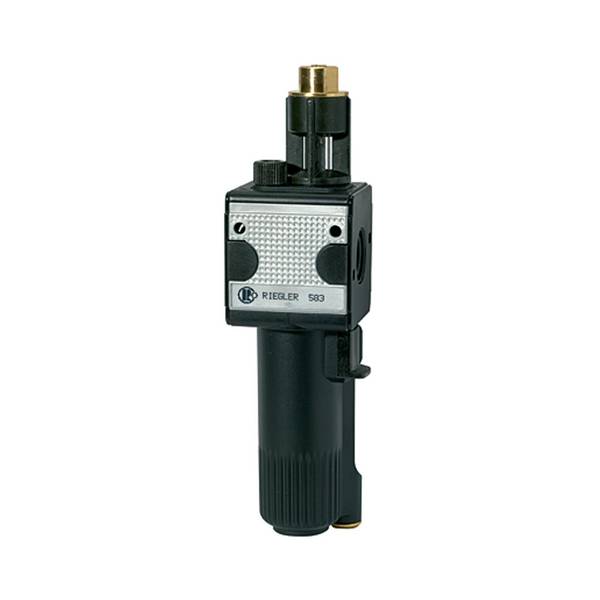 RIEGLER Nebelöler »multifix« mit Metallbehälter, Sichtrohr, Tropfaufsatz Metall, BG 1, G 1/4, PE max. 20 bar, Med.-Umgeb