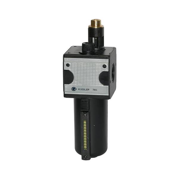 RIEGLER Nebelöler »multifix« mit Metallbehälter, Sichtrohr, Tropfaufsatz Metall, BG 3, G 3/4, PE max. 20 bar, Med.-Umgeb
