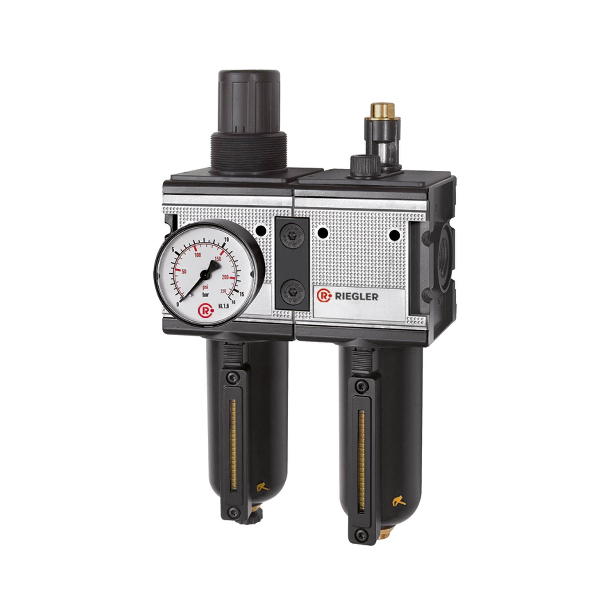 RIEGLER Wartungseinheit 2-tlg. »multifix«, Metallbehälter und Sichtrohr, BG 4, G 1, Eingangsdruck max. 20 bar, Regelbere-0