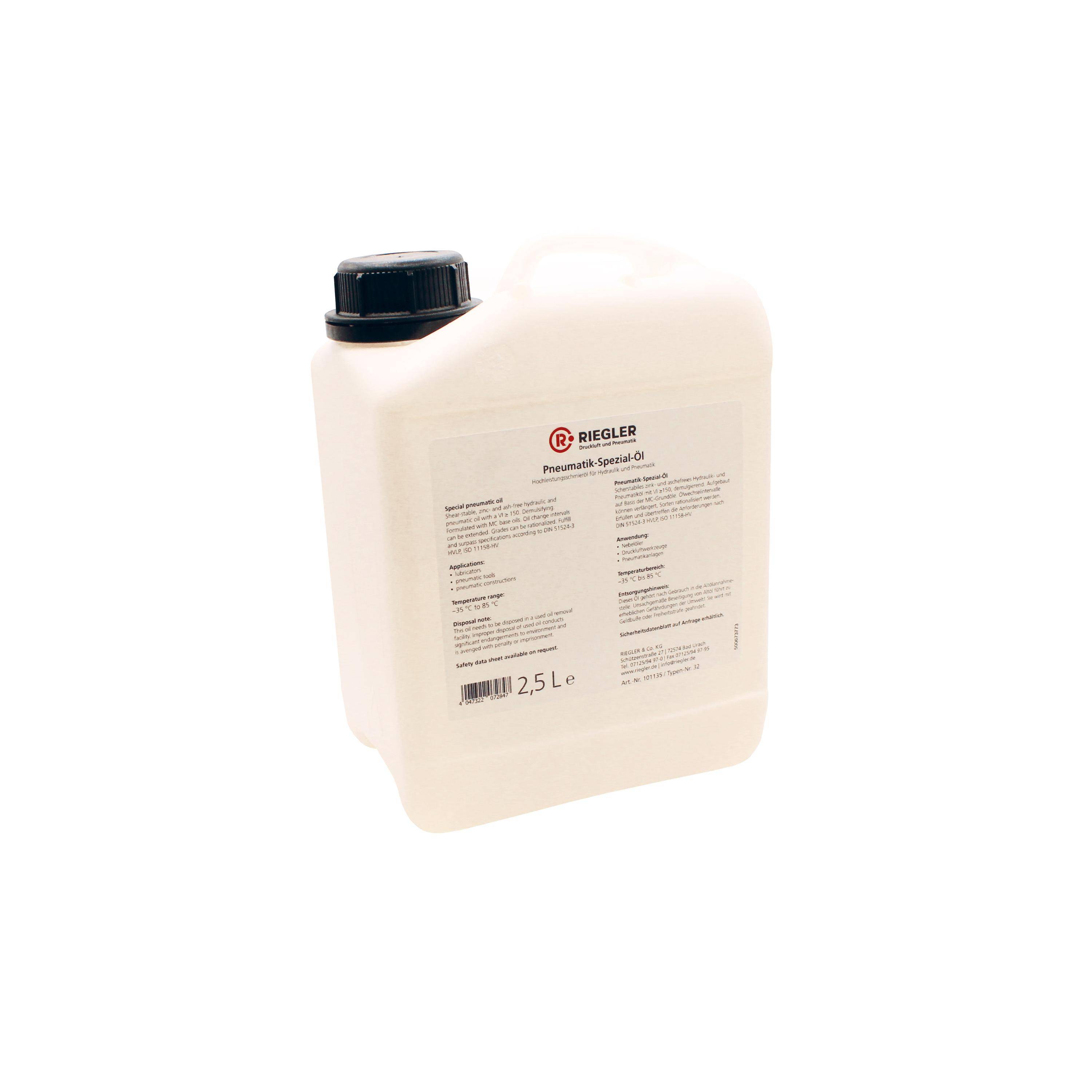 RIEGLER Pneumatik-Spezial-Öl, in Kanister 2,5 Liter, geeignet für Einsätze im Temperaturbereich von -35 °C bis 85 °C, in-0
