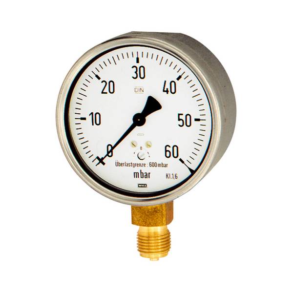 WIKA Kapselfedermanometer, 10-fach überlastbar, Gehäuse Stahl, Anschluss radial unten, G 1/4, Güteklasse 1,6, Messber. 0