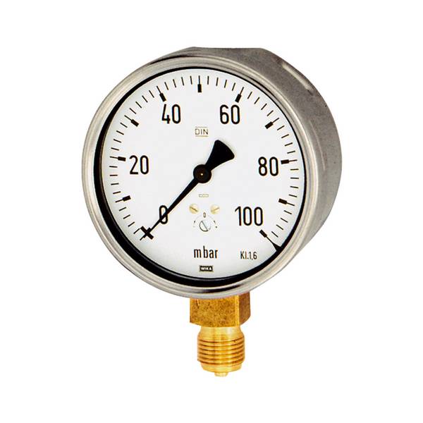WIKA Kapselfedermanometer, Gehäuse Stahl, Anschluss radial unten, G 1/4, Typ 611.10, Güteklasse 1,6, Messber. -100 / 0 m