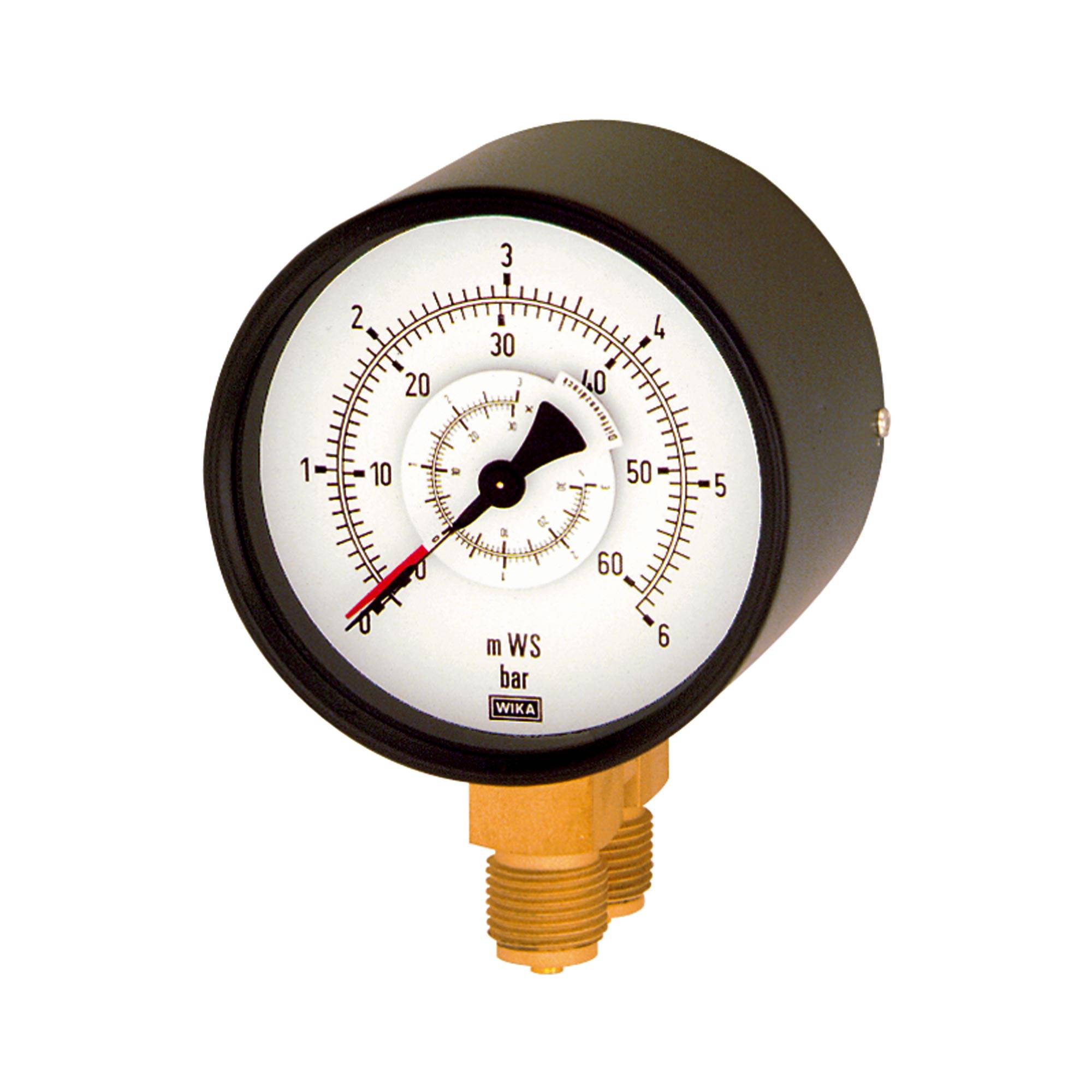 WIKA Differenzdruckmanometer mit 2 Parallelzapfenanschlüsse radial unten, G 1/2, Typ 711.12, Güteklasse 1,6, Messber. 0--0