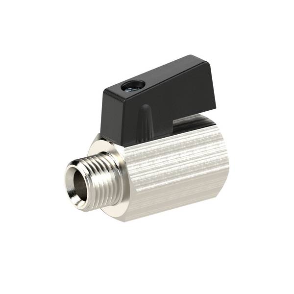 RIEGLER Mini-Kugelhahn Oberfläche glatt, Drehgriff, MS ver., Med./Umge.temp.-10°C bis 70°C (kurzfr.90°C) G 1/8 IG/AG, DN
