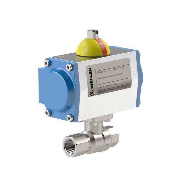 RIEGLER 2-Wege-Messingkugelhahn, pneumat. Stellantrieb doppeltwirkend, MS vern., Betriebstemp. max. 70°C, Rp 2 1/2, DN 6
