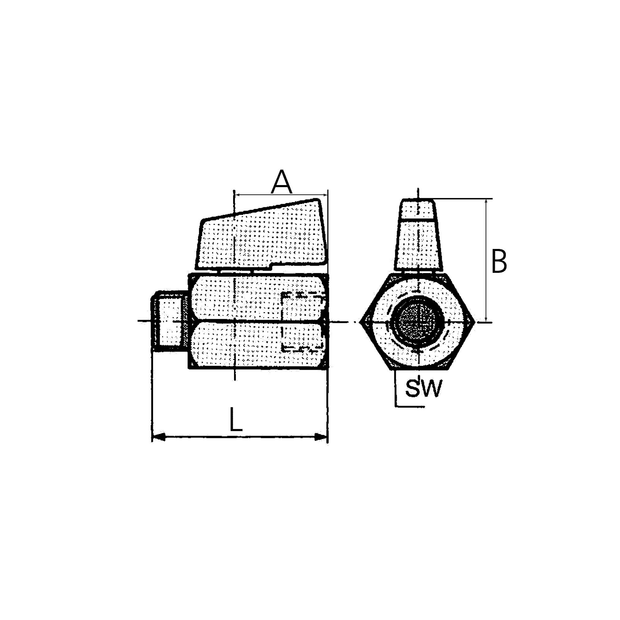 RIEGLER Mini-Kugelhahn Oberfläche glatt, Drehgriff, MS ver., Med./Umge.temp.-10°C bis 70°C (kurzfr.90°C) G 1/8 IG/AG, DN-2
