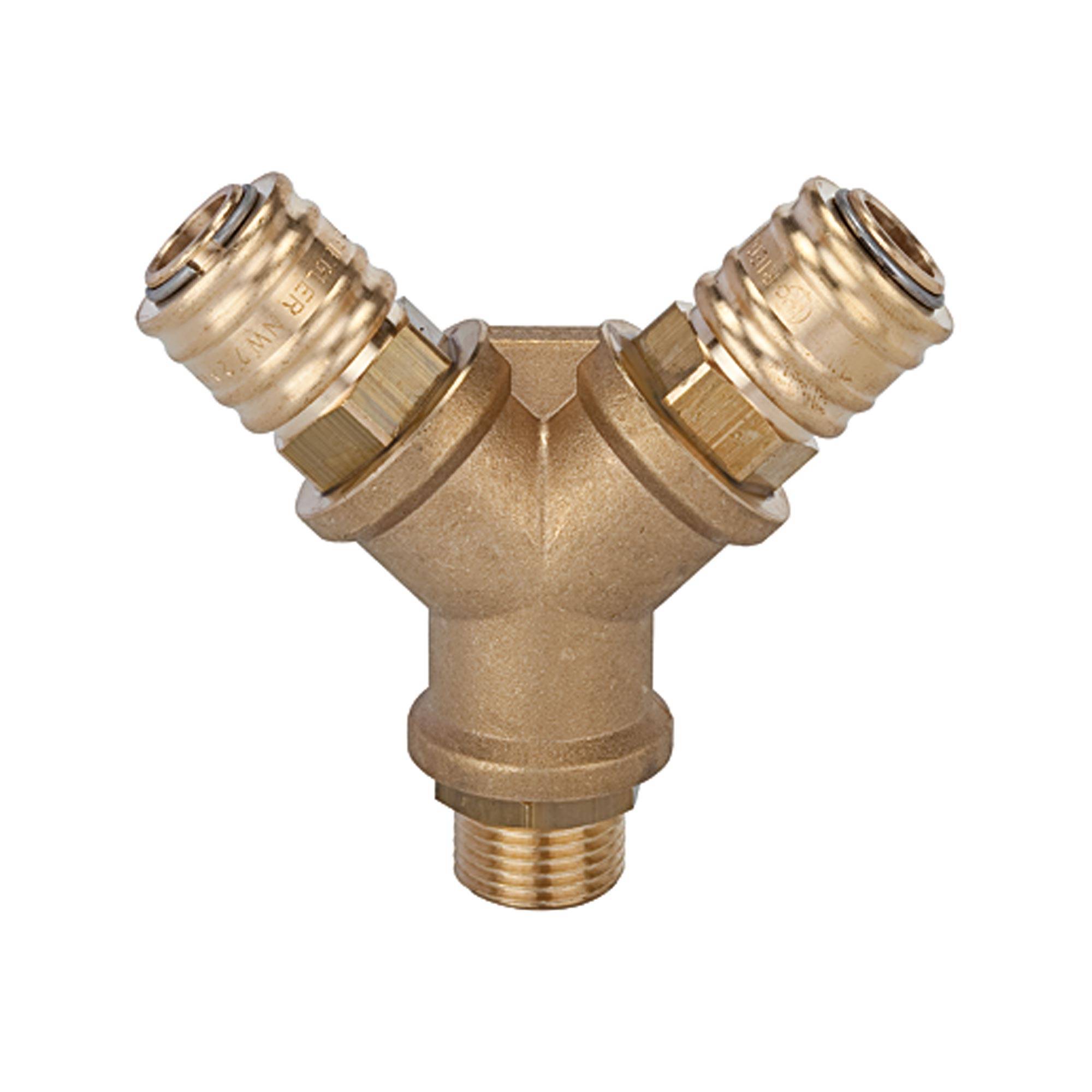 RIEGLER Verteiler mit 2 Schnellverschlusskupplungen NW 7,2, Messing blank, G 1/4 AG, Betriebsdruck 0 - 35 bar, Temp. -20-0